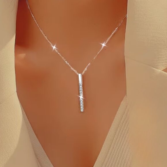 Necklace Sterling Silver Long Cubic Zirconia Oblong Pendent w/Square Settings - Picture 4 of 6